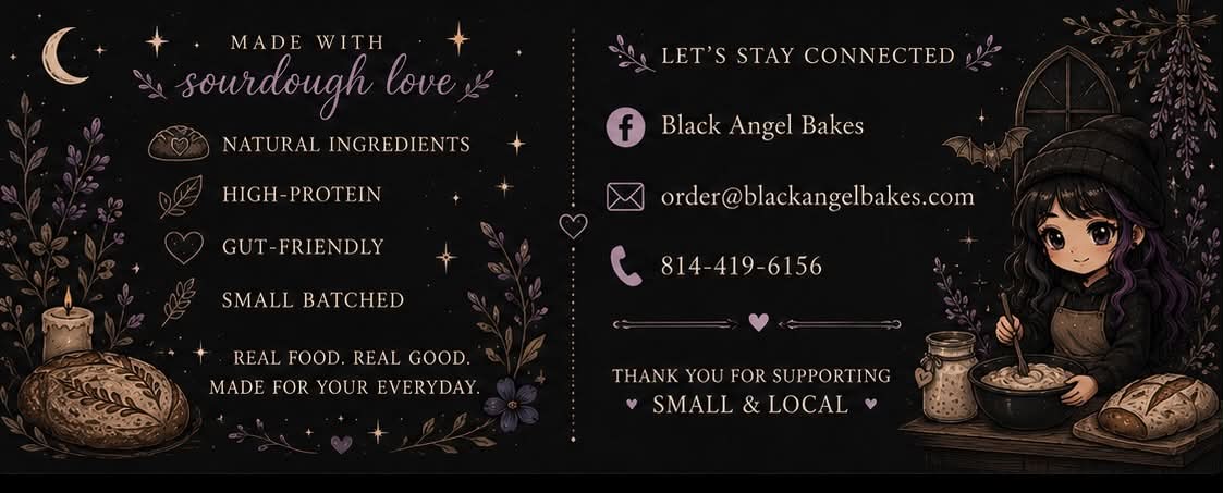 Black Angel Bakes business card back with contact details